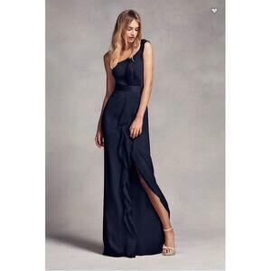 Vera Wang White Navy One Shoulder Ruffle Slit Formal Evening Gown Wedding Dress